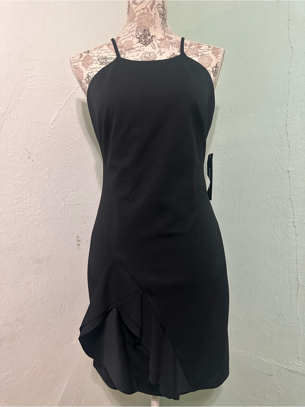 Bebe LBD Black Ruffle-Hem Halter Dress size medium lined sleveless night out